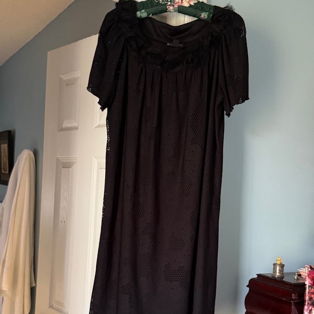 Black Eyelet Midi Dress with Rosette Trim by